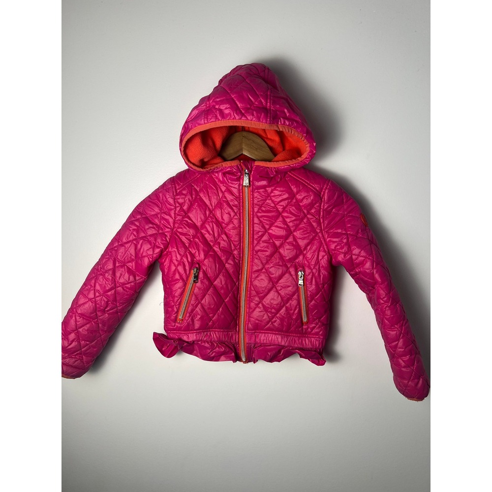 Michael‎ Kors Quilted Puffer Jacket Kids Sz 5/6 Pink Hooded Ruffle Hem